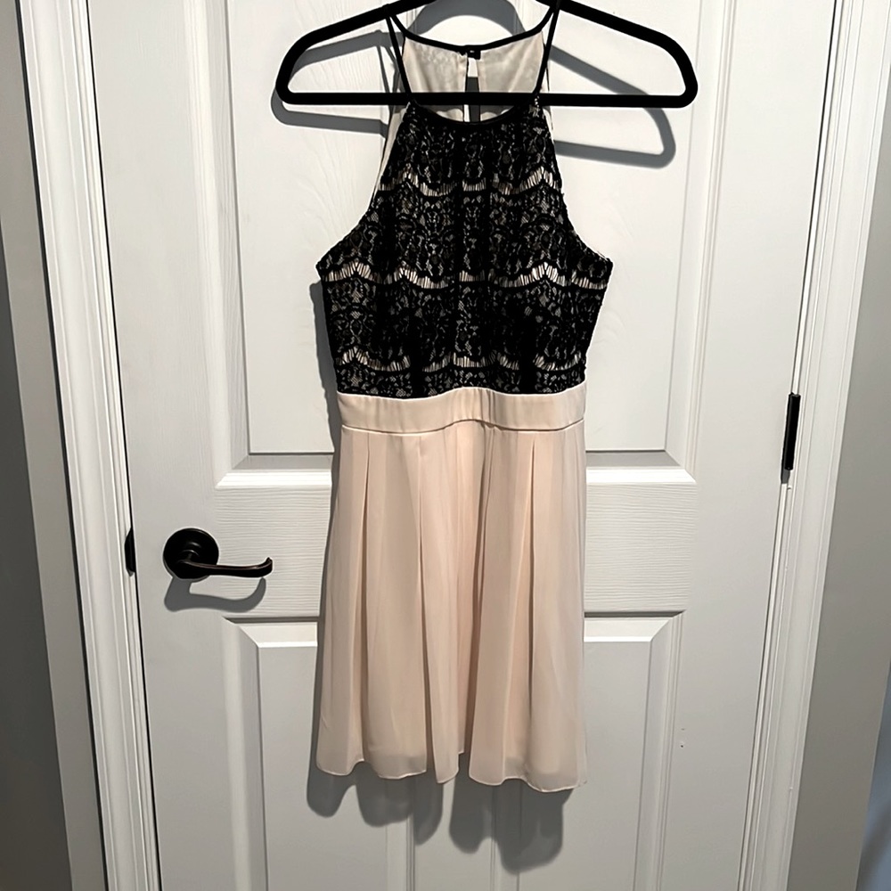 Black and cream cocktail dress with lace top